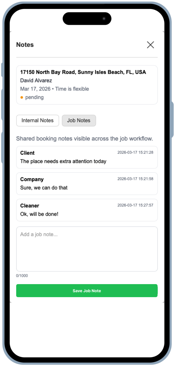Cleaner Sync internal notes for a cleaning job